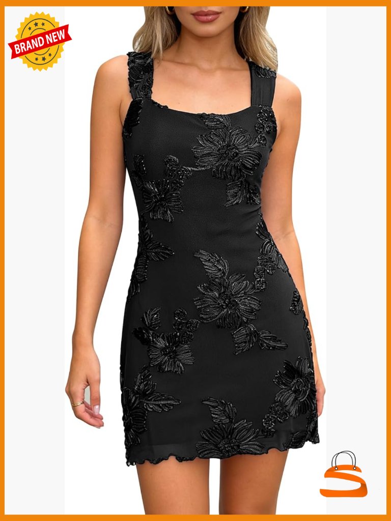 Embroidered Floral Mesh Mini Dress Square Neck Sleeveless A-Line Party Going Out
